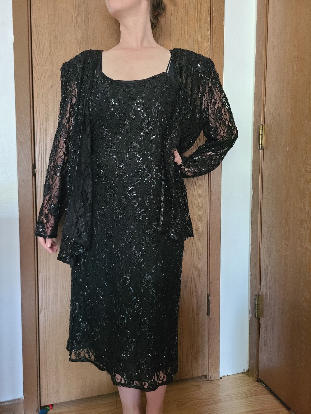 Jack Bryan Black Sequin & Beaded Dress with Lace Jacket | VTG SZ 12